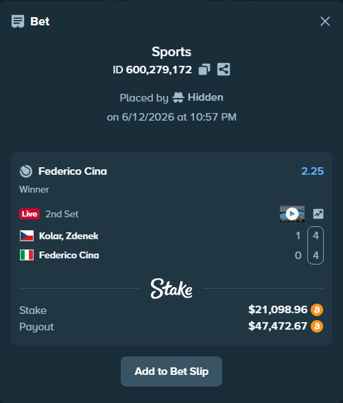 Bet slip: Kolar, Zdenek - Federico Cina, $21,418.14 stake at 2.25 odds, placed by Hidden