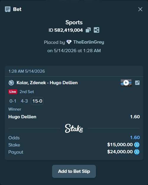 Bet slip: Kolar, Zdenek - Hugo Dellien, $15,000.00 stake at 1.60 odds, placed by TheEarlinGrey