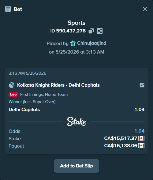 Bet slip: Kolkata Knight Riders - Delhi Capitals, $11,482.85 stake at 1.04 odds, placed by Chinujaatjind