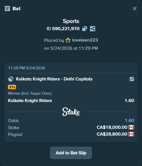 Bet slip: Kolkata Knight Riders - Delhi Capitals, $13,320.00 stake at 1.60 odds, placed by loveleen223