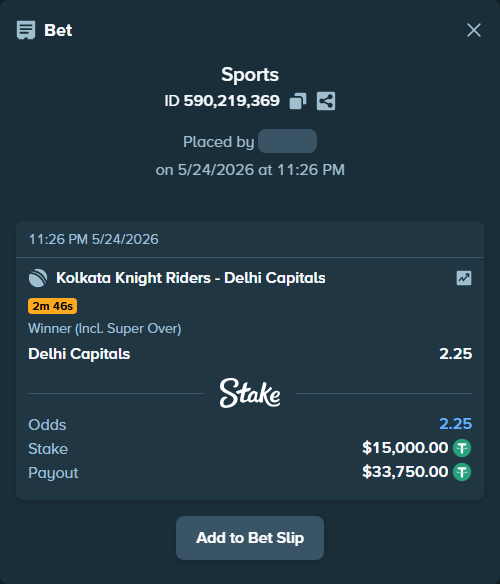 Bet slip: Kolkata Knight Riders - Delhi Capitals, $15,000.00 stake at 2.25 odds, placed by sahilchutya123