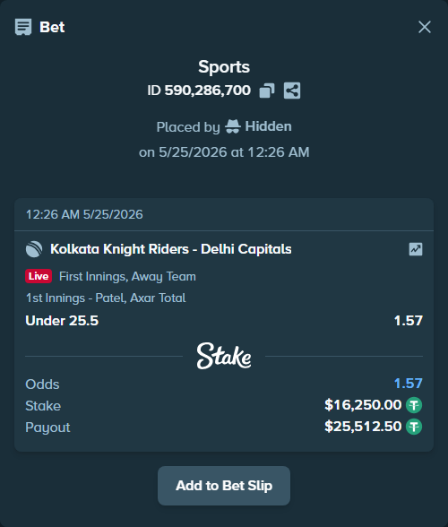 Bet slip: Kolkata Knight Riders - Delhi Capitals, $16,250.00 stake at 1.57 odds, placed by Hidden