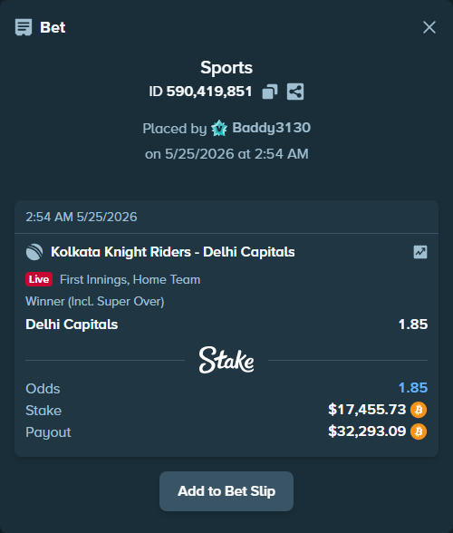Bet slip: Kolkata Knight Riders - Delhi Capitals, $14,654.20 stake at 1.85 odds, placed by Baddy3130