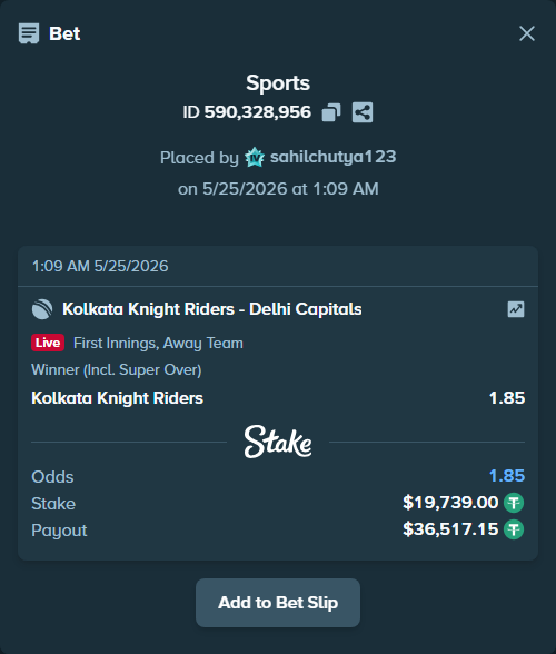 Bet slip: Kolkata Knight Riders - Delhi Capitals, $19,739.00 stake at 1.85 odds, placed by sahilchutya123