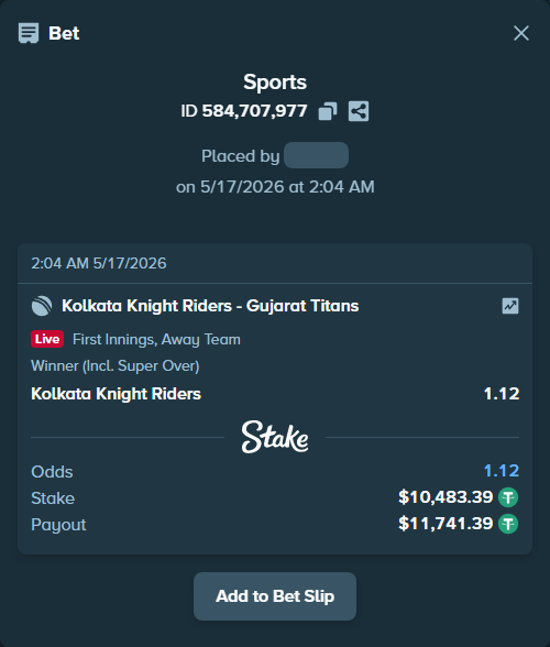 Bet slip: Kolkata Knight Riders - Gujarat Titans, $10,493.87 stake at 1.12 odds, placed by Dharmraj130