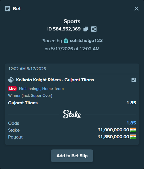 Bet slip: Kolkata Knight Riders - Gujarat Titans, $12,000.00 stake at 1.85 odds, placed by sahilchutya123