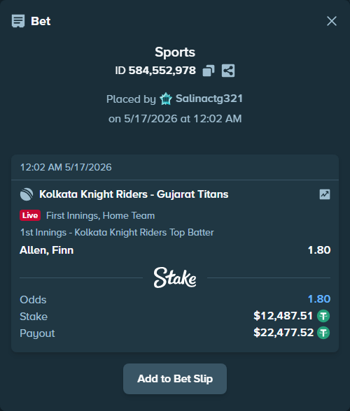 Bet slip: Kolkata Knight Riders - Gujarat Titans, $12,500.00 stake at 1.80 odds, placed by Salinactg321