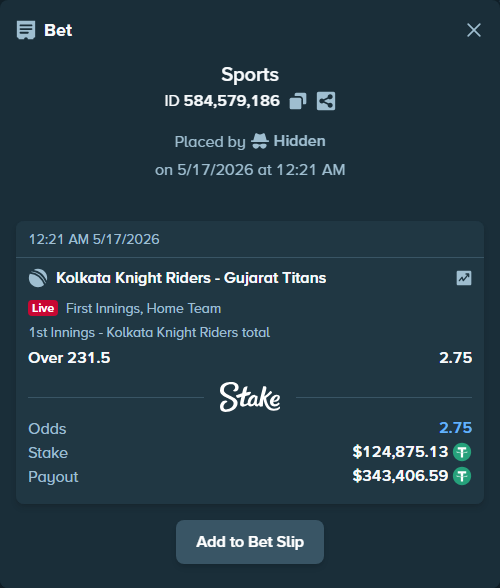 Bet slip: Kolkata Knight Riders - Gujarat Titans, $125,000.00 stake at 2.75 odds, placed by Hidden