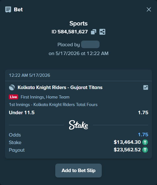 Bet slip: Kolkata Knight Riders - Gujarat Titans, $13,477.76 stake at 1.75 odds, placed by Salinactg321