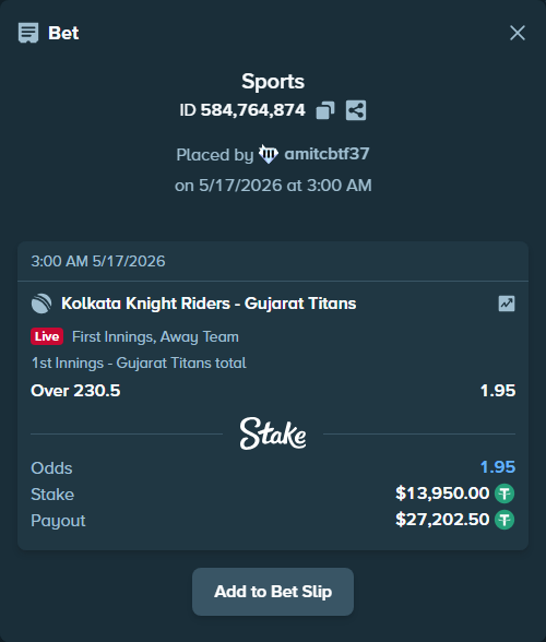 Bet slip: Kolkata Knight Riders - Gujarat Titans, $13,950.00 stake at 1.95 odds, placed by amitcbtf37