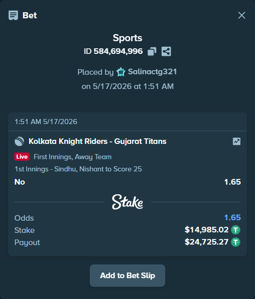 Bet slip: Kolkata Knight Riders - Gujarat Titans, $15,000.00 stake at 1.65 odds, placed by Salinactg321
