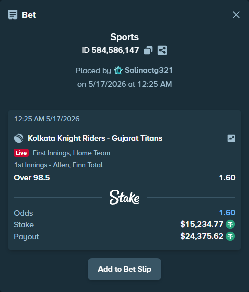 Bet slip: Kolkata Knight Riders - Gujarat Titans, $15,250.00 stake at 1.60 odds, placed by Salinactg321