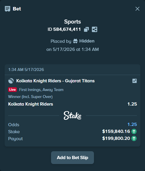 Bet slip: Kolkata Knight Riders - Gujarat Titans, $160,000.00 stake at 1.25 odds, placed by Hidden