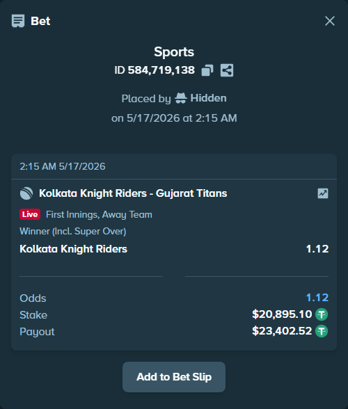 Bet slip: Kolkata Knight Riders - Gujarat Titans, $20,916.00 stake at 1.12 odds, placed by shubhamsaini06