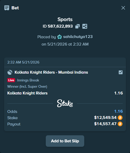 Bet slip: Kolkata Knight Riders - Mumbai Indians, $10,454.69 stake at 1.16 odds, placed by sahilchutya123