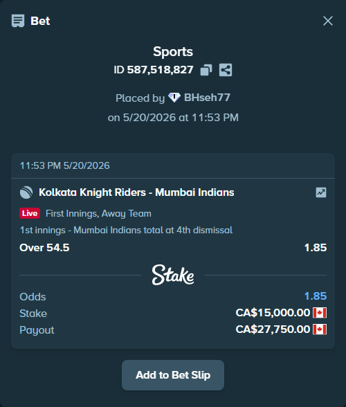 Bet slip: Kolkata Knight Riders - Mumbai Indians, $11,100.00 stake at 1.85 odds, placed by BHseh77