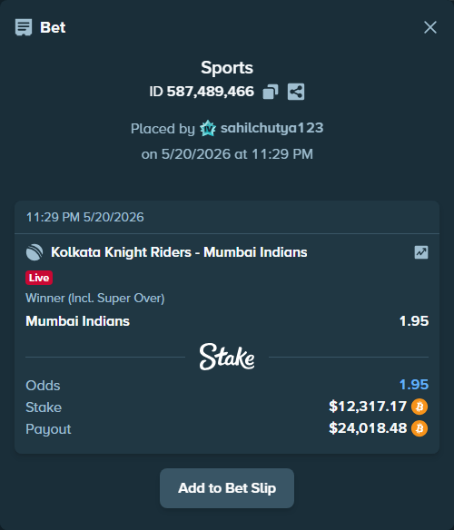 Bet slip: Kolkata Knight Riders - Mumbai Indians, $10,291.84 stake at 1.95 odds, placed by sahilchutya123