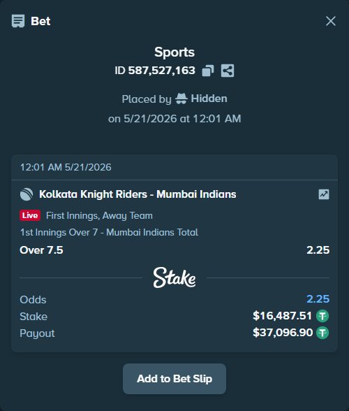 Bet slip: Kolkata Knight Riders - Mumbai Indians, $16,504.00 stake at 2.25 odds, placed by Hidden