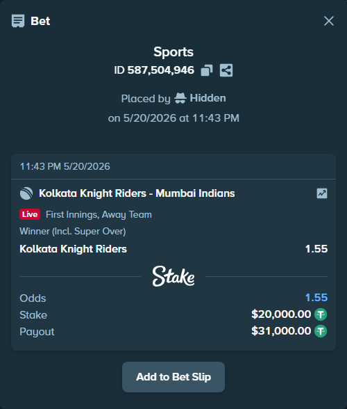 Bet slip: Kolkata Knight Riders - Mumbai Indians, $20,020.00 stake at 1.55 odds, placed by Hidden