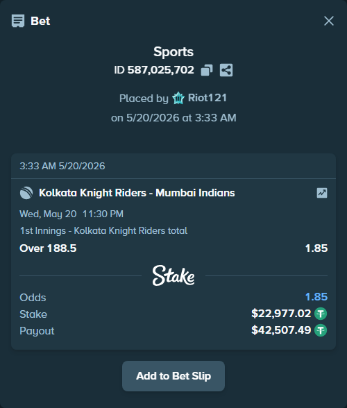 Bet slip: Kolkata Knight Riders - Mumbai Indians, $23,000.00 stake at 1.85 odds, placed by Riot121