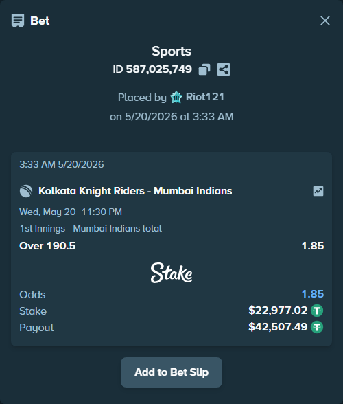 Bet slip: Kolkata Knight Riders - Mumbai Indians, $23,000.00 stake at 1.85 odds, placed by Riot121
