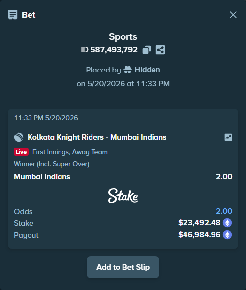 Bet slip: Kolkata Knight Riders - Mumbai Indians, $19,239.07 stake at 2.00 odds, placed by Hidden