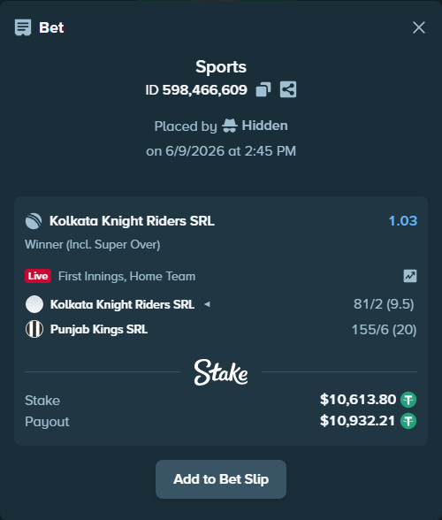 Bet slip: Kolkata Knight Riders SRL - Punjab Kings SRL, $10,613.80 stake at 1.03 odds, placed by Hidden