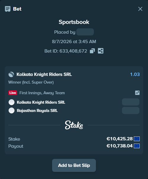 Bet slip: Kolkata Knight Riders SRL - Rajasthan Royals SRL, $11,259.30 stake at 1.03 odds, placed by 4alen4