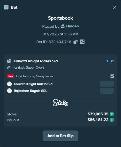 Bet slip: Kolkata Knight Riders SRL - Rajasthan Royals SRL, $79,144.42 stake at 1.09 odds, placed by Hidden