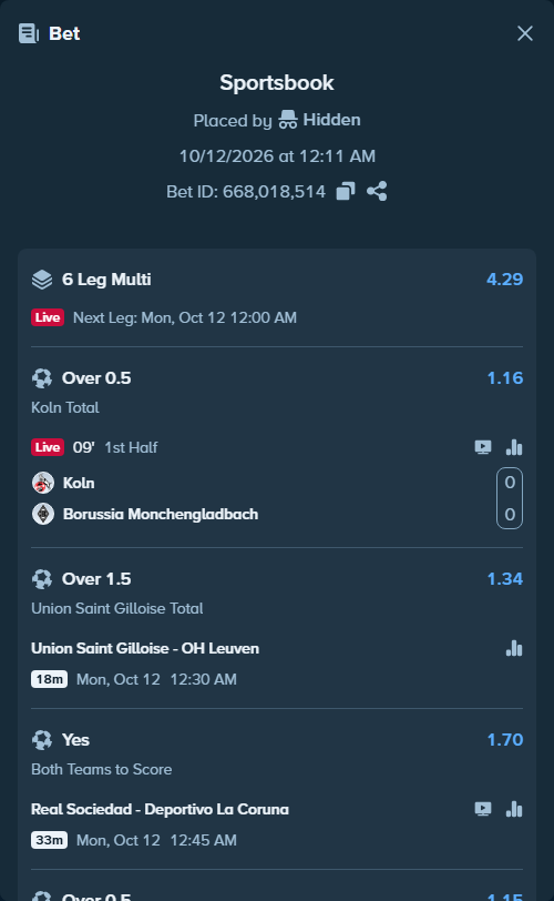 Bet slip: Koln - Borussia Monchengladbach, $10,028.02 stake at 1.16 odds, placed by Hidden