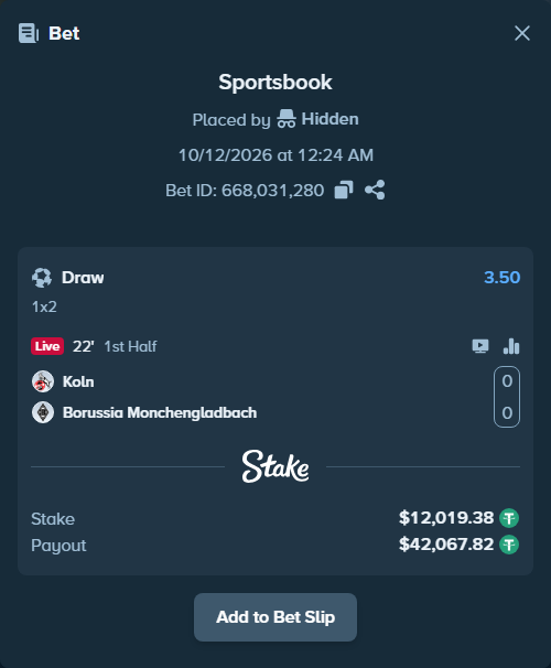 Bet slip: Koln - Borussia Monchengladbach, $12,031.40 stake at 3.50 odds, placed by Zuko223