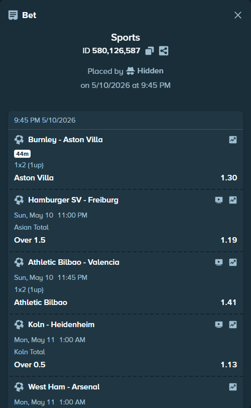 Bet slip: Koln - Heidenheim, $12,670.00 stake at 1.13 odds, placed by Hidden