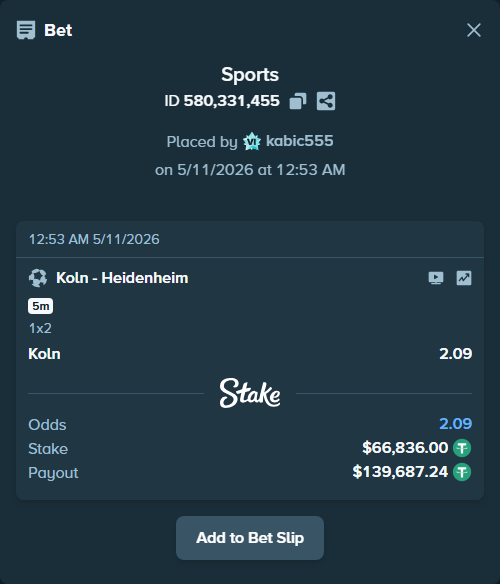 Bet slip: Koln - Heidenheim, $66,836.00 stake at 2.09 odds, placed by kabic555