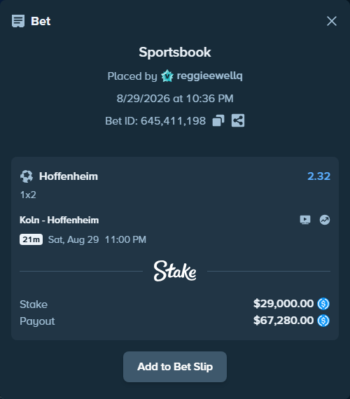 Bet slip: Koln - Hoffenheim, $29,000.00 stake at 2.32 odds, placed by reggieewellq