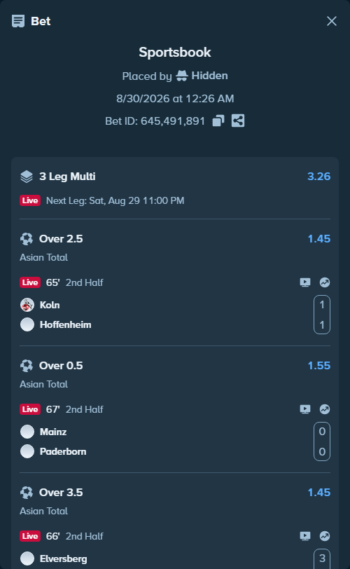 Bet slip: Koln - Hoffenheim, $50,000.00 stake at 1.45 odds, placed by Hidden