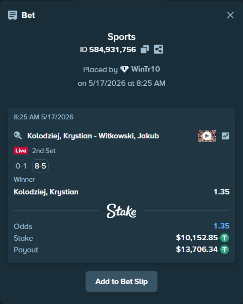 Bet slip: Kolodziej, Krystian - Witkowski, Jakub, $10,163.00 stake at 1.35 odds, placed by WinTr10