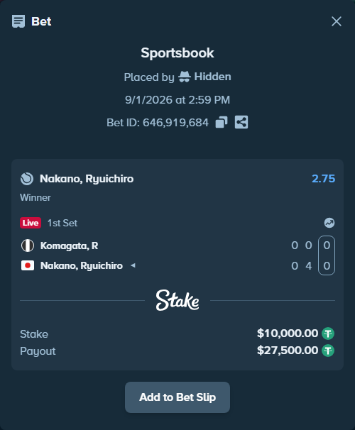 Bet slip: Komagata, R - Nakano, Ryuichiro, $10,000.00 stake at 2.75 odds, placed by Hidden