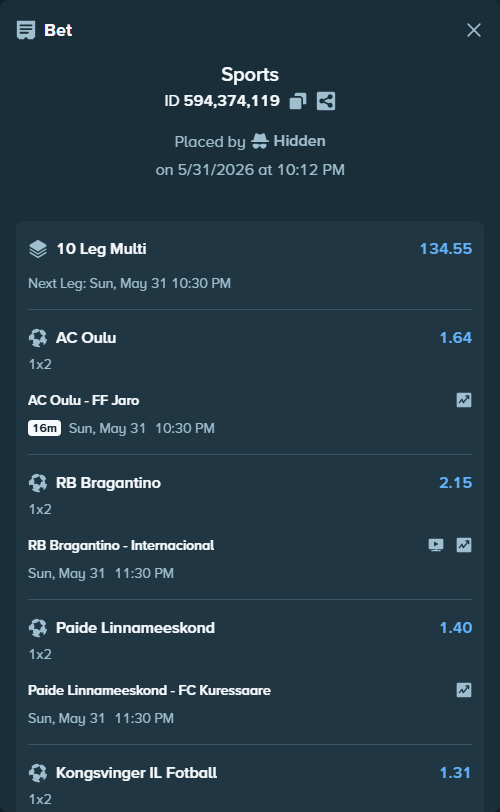 Bet slip: Kongsvinger IL Toppfotball - Aasane Fotball, $10,010.00 stake at 1.31 odds, placed by Hidden