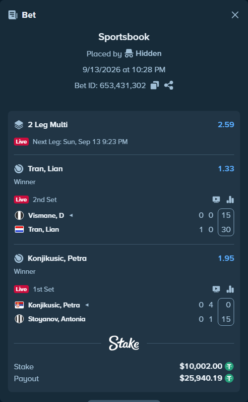 Bet slip: Konjikusic, Petra - Stoyanov, Antonia, $10,000.00 stake at 1.95 odds, placed by Hidden