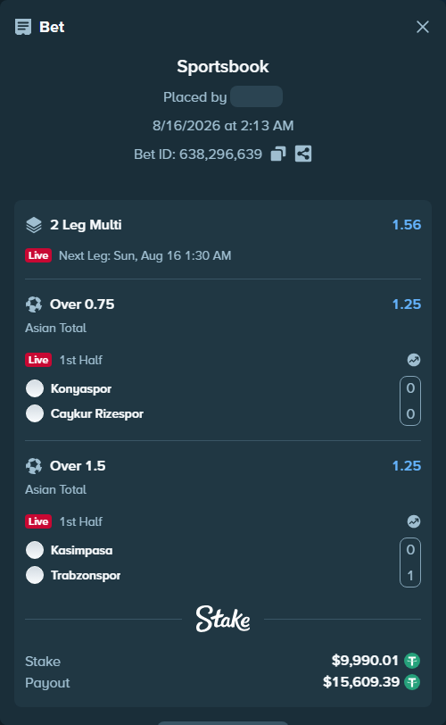 Bet slip: Konyaspor - Caykur Rizespor, $10,000.00 stake at 1.25 odds, placed by Jackpoor