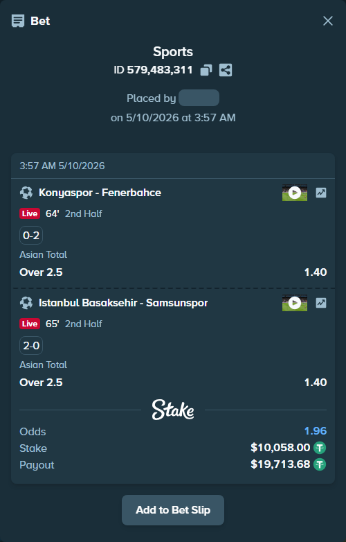 Bet slip: Konyaspor - Fenerbahce Istanbul, $10,058.00 stake at 1.40 odds, placed by rmaghsdudthd