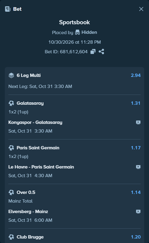 Bet slip: Konyaspor - Galatasaray Istanbul, $11,000.00 stake at 1.31 odds, placed by Hidden