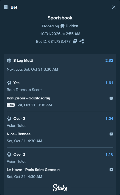 Bet slip: Konyaspor - Galatasaray Istanbul, $12,512.50 stake at 1.61 odds, placed by Hidden