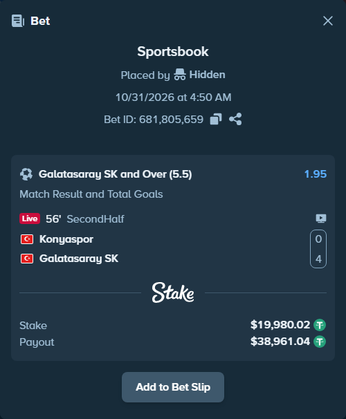 Bet slip: Konyaspor - Galatasaray Istanbul, $20,000.00 stake at 1.95 odds, placed by Hidden