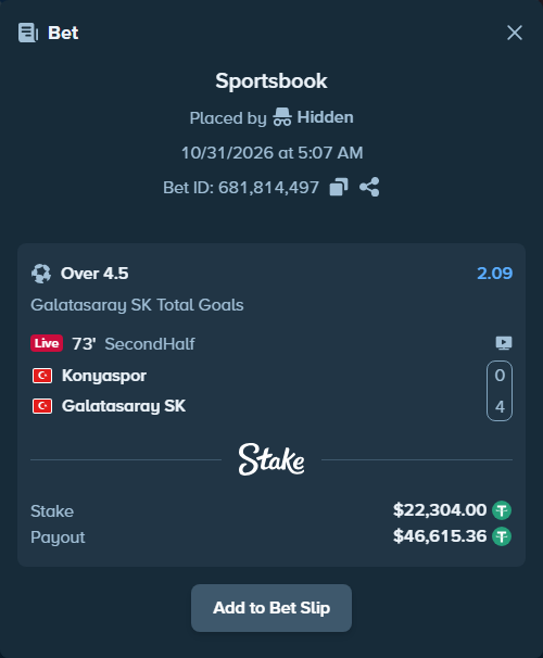 Bet slip: Konyaspor - Galatasaray Istanbul, $22,326.30 stake at 2.09 odds, placed by Hidden