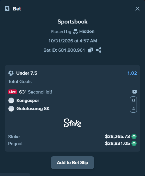 Bet slip: Konyaspor - Galatasaray Istanbul, $28,294.00 stake at 1.02 odds, placed by Hidden
