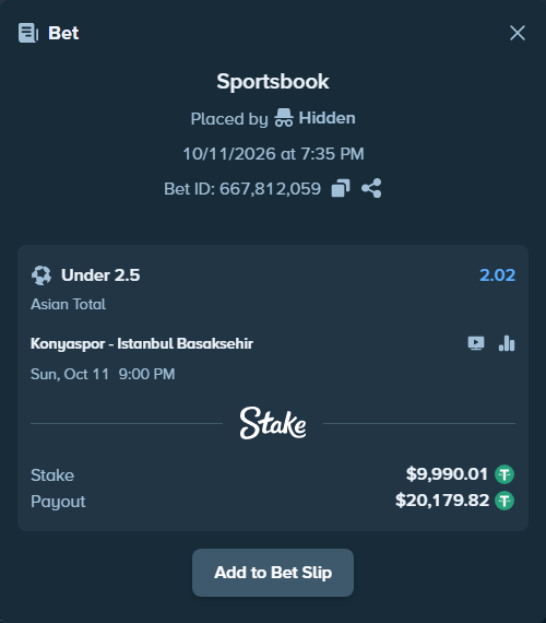 Bet slip: Konyaspor - Istanbul Basaksehir, $10,000.00 stake at 2.02 odds, placed by Hidden