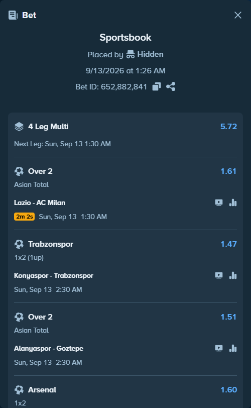 Bet slip: Konyaspor - Trabzonspor, $10,035.00 stake at 1.47 odds, placed by Hidden