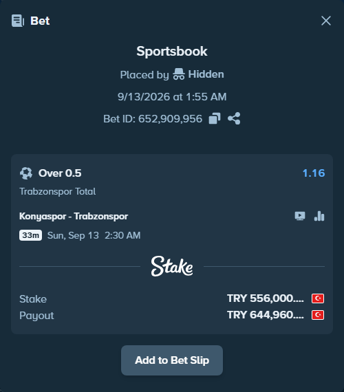 Bet slip: Konyaspor - Trabzonspor, $16,680.00 stake at 1.16 odds, placed by Hidden