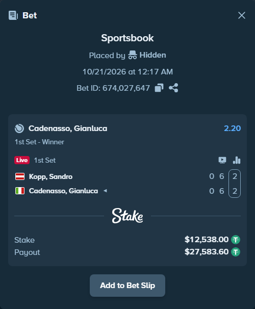 Bet slip: Kopp, Sandro - Cadenasso, Gianluca, $12,550.54 stake at 2.20 odds, placed by Hidden